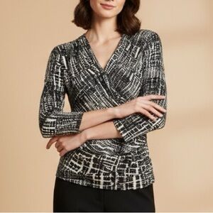 MAX MARA Black White Abstract Crackle Print Faux Wrap Surplice Draped Blouse Top